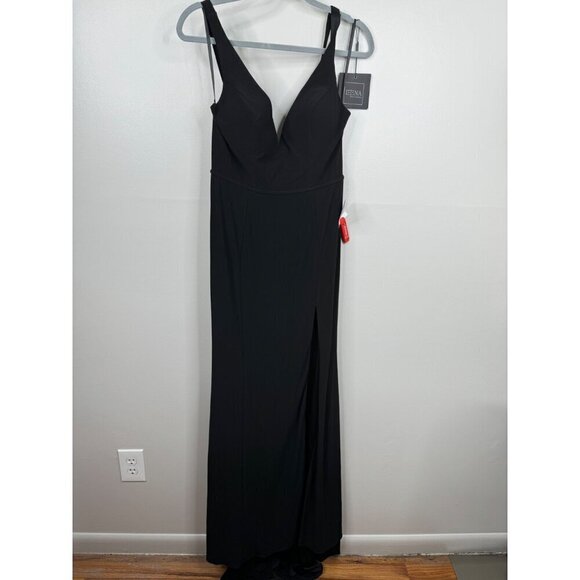 Mac Duggal 25846 Jersey Plunge V-neck Black Gown Dress High Slit Size 4 NWT - Picture 4 of 9